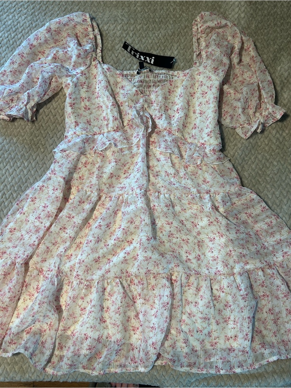 Trixxi White Floral Ruffle Mini Dress with Pink Print